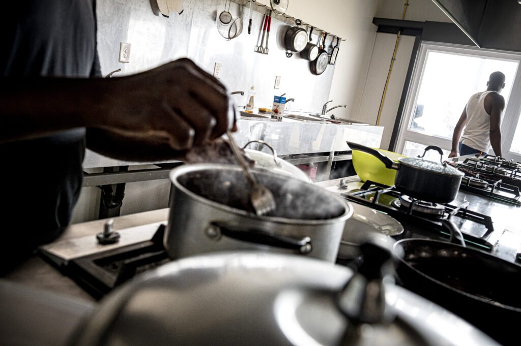 The kitchen in a migrant farmworker bunkhouse.