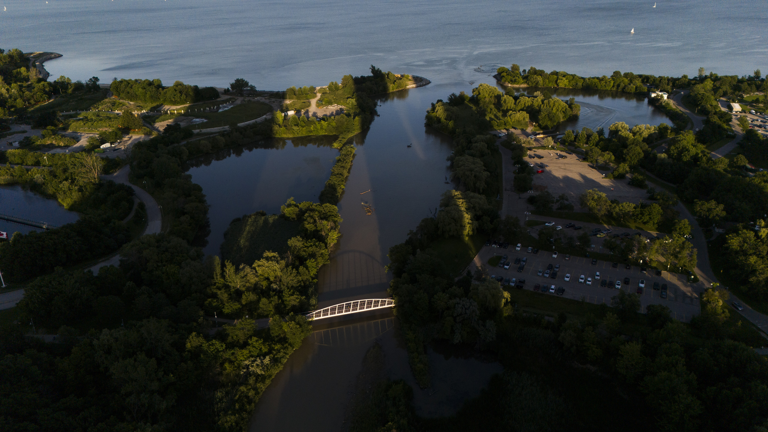 An overhead view of Mimico Creek as it flows through Humber Bay Park and into Lake Ontario