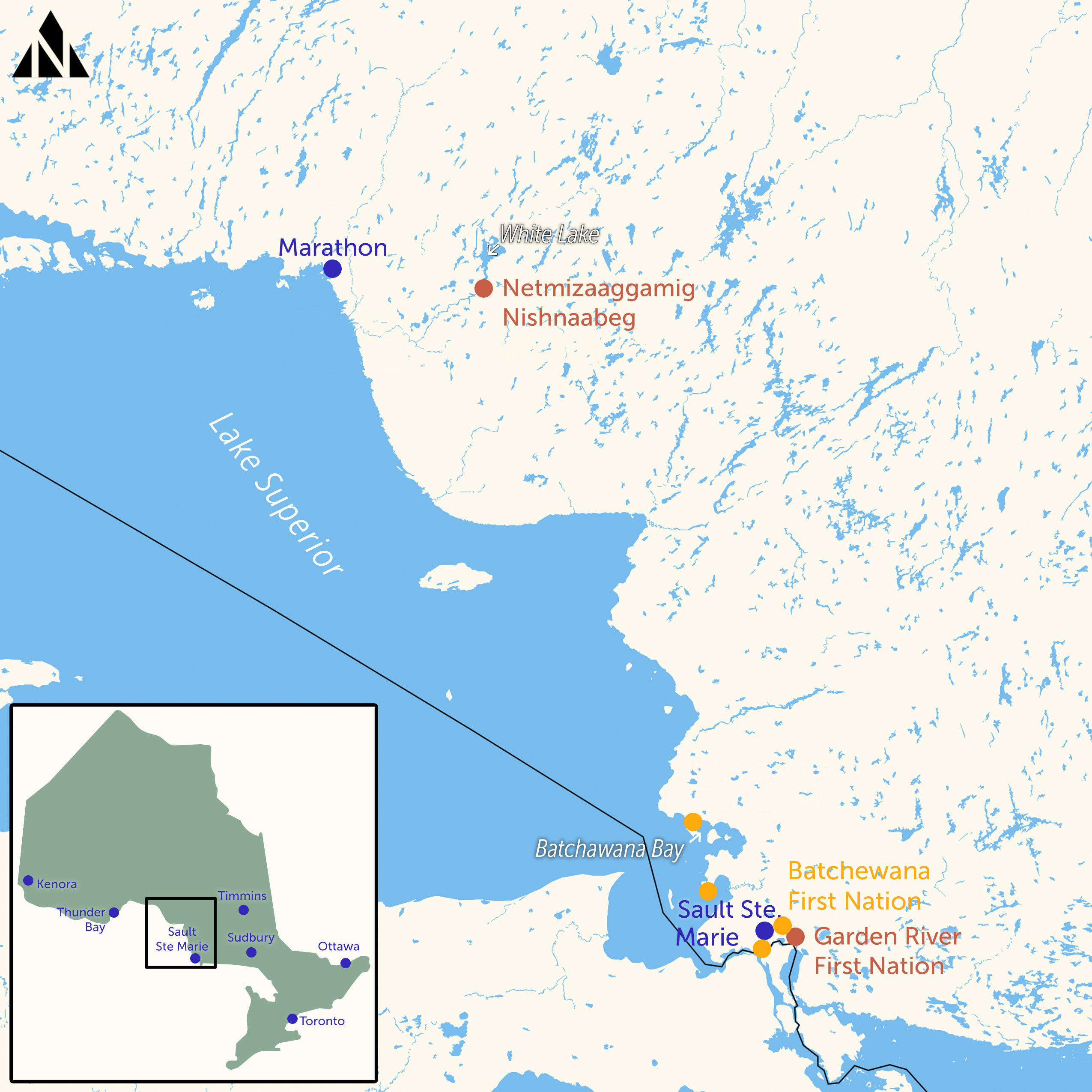 A map of northern Ontario zoomed in on the locations of Garden River First Nation, Batchewana Fisrt Nation, Netmizaaggamig Nishnaabeg, Sault Ste. Marie, Marathon and Lake Superior.