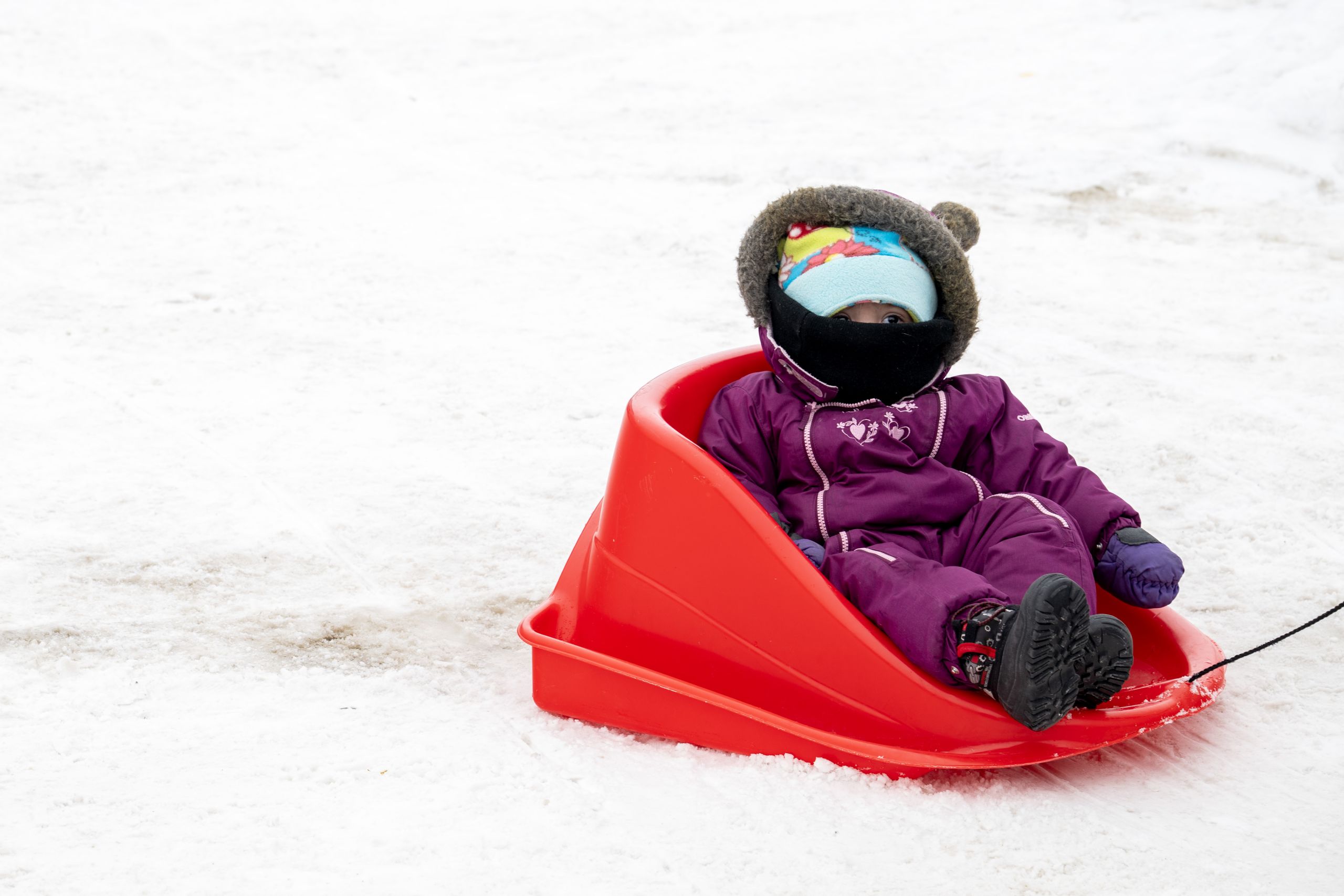 a baby in a purple snowsuit is pulled in a sled